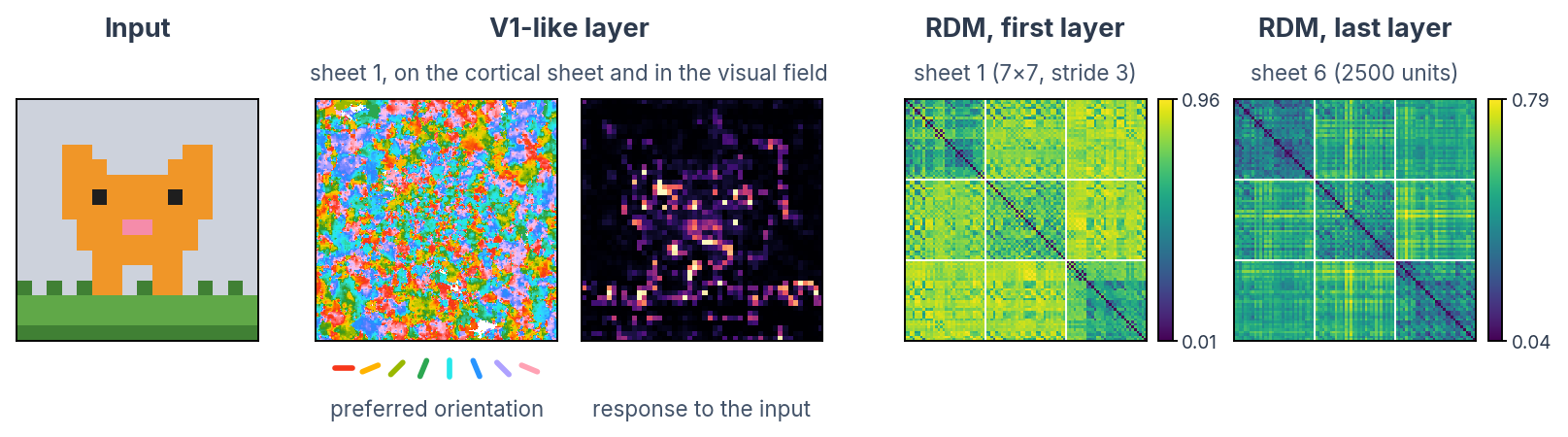 All-TNN: the cat sprite; the preferred orientation of every unit of sheet 1 on the cortical sheet, with a key of oriented bars, and the summed response to the cat at each position of the visual field; RDMs of sheet 1 and sheet 6 over the 96 sprites