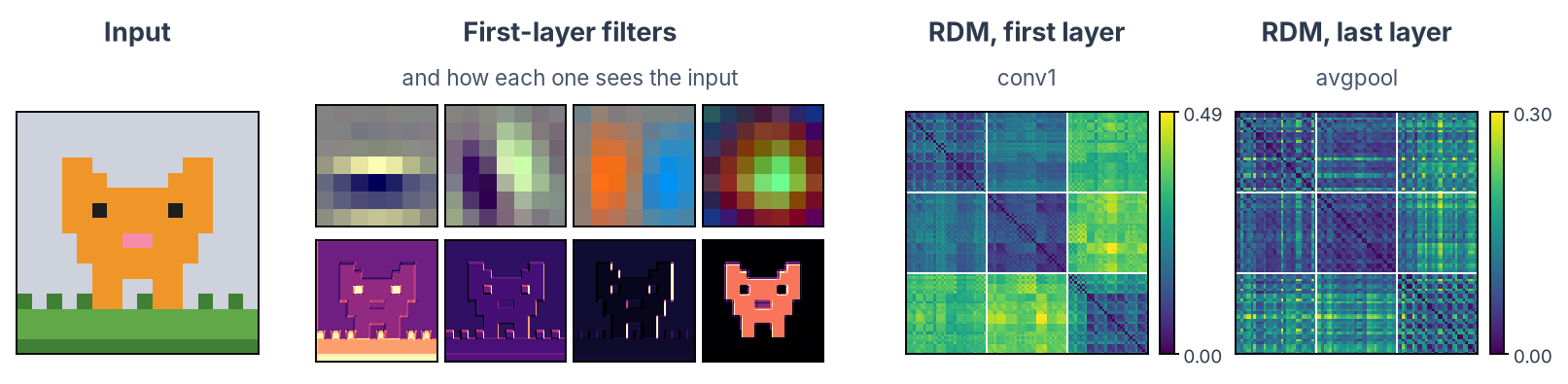 ResNet-50: the cat sprite; four conv1 filters (horizontal bar, oblique bars, colour edge, colour centre-surround), each above its response to the cat; RDMs of conv1 and avgpool over the 96 sprites
