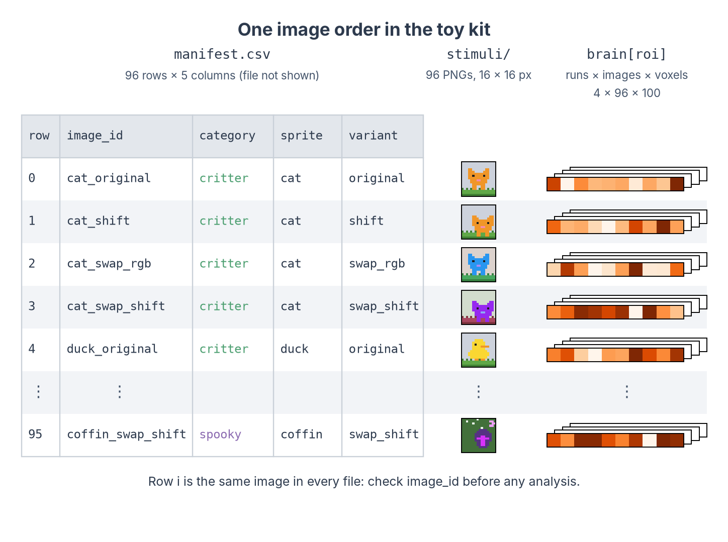 The toy kit lists the images in one order: the manifest, the stimuli and the brain data