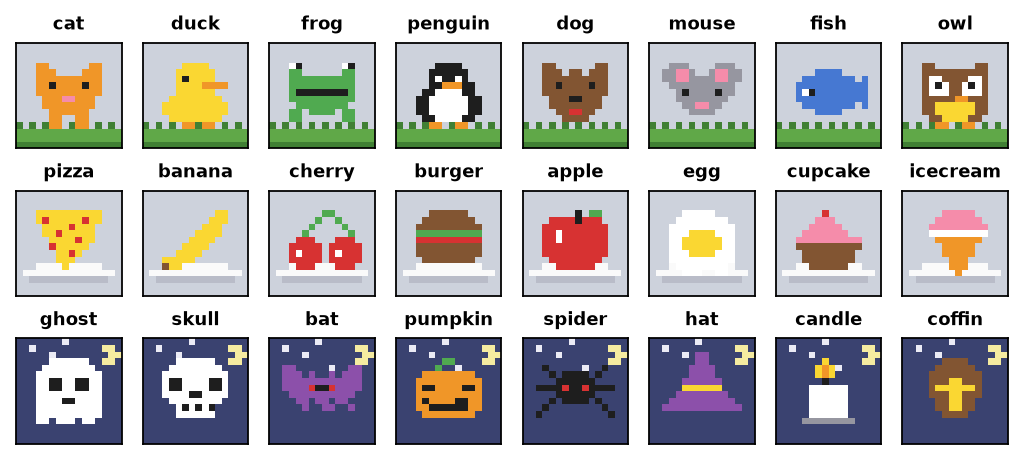 The 24 sprites of the toy kit, one row per category