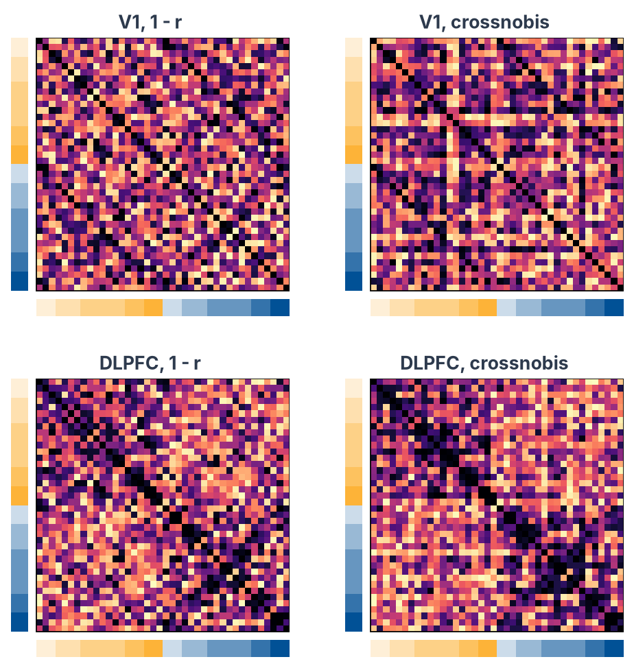 The RDMs of one participant in V1 and DLPFC as percentiles, with correlation distance on the left and crossnobis distance on the right